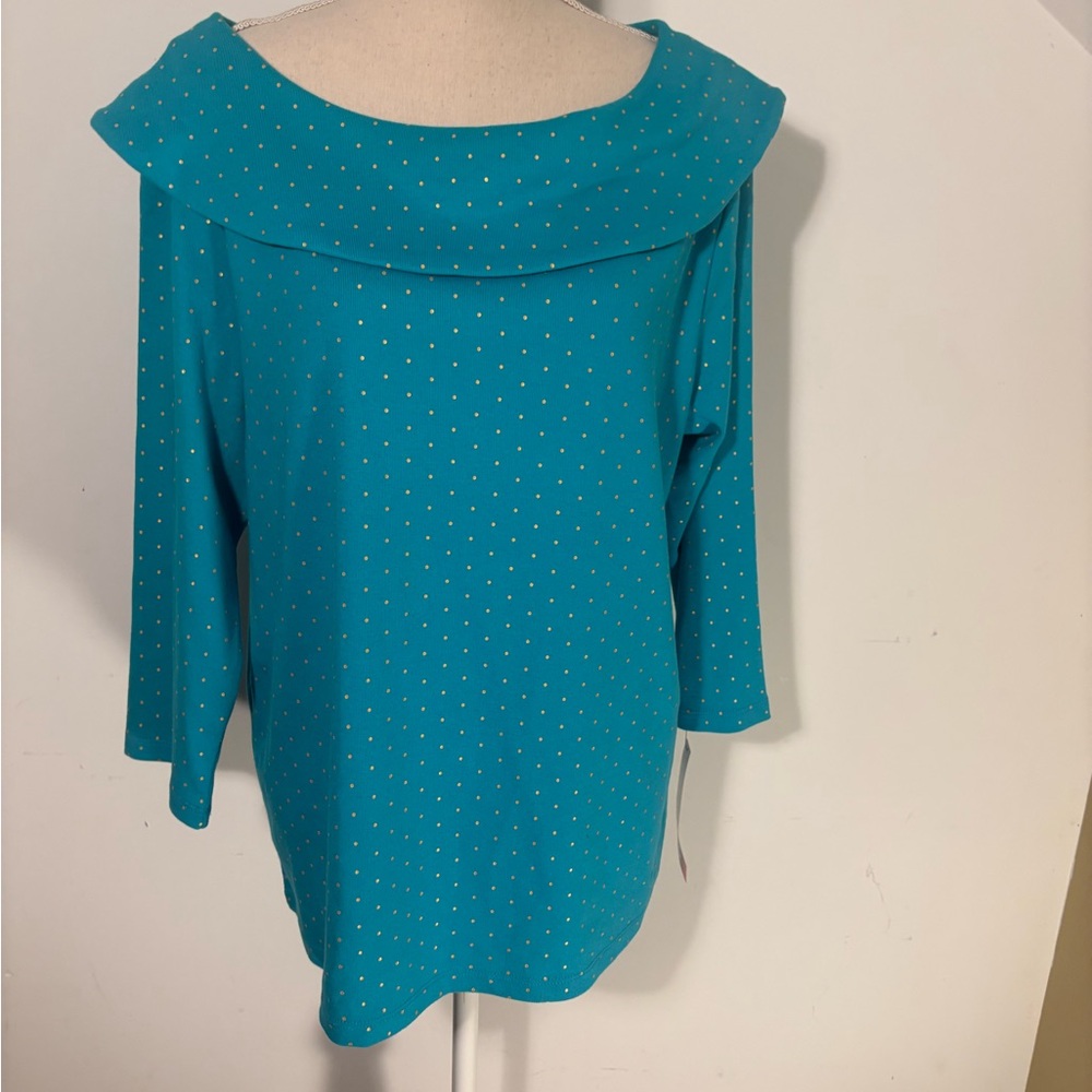 New plus size women’s 1X teal Polk a dot gold by Rafaella shirt knit top cotton